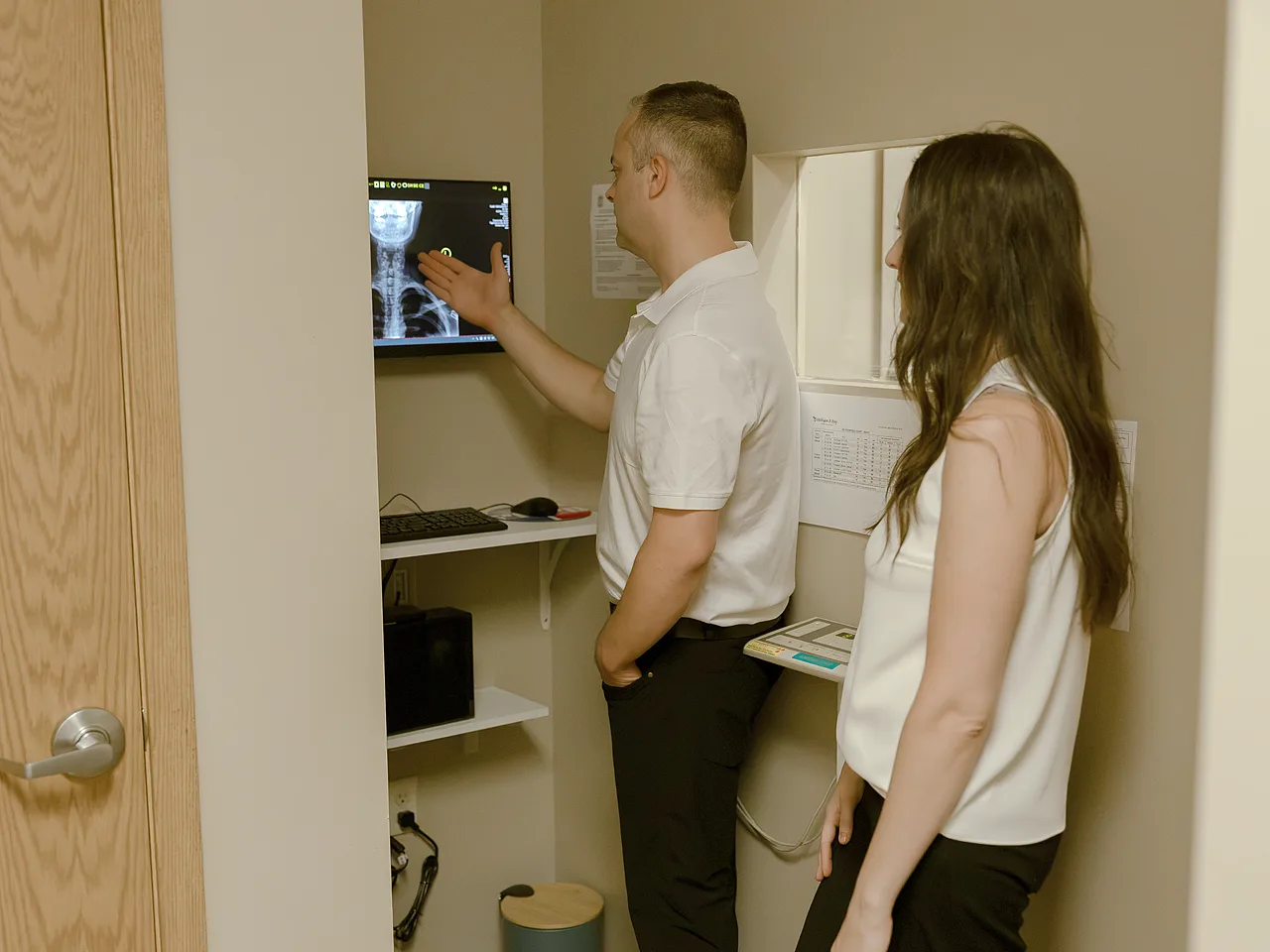 Chiropractor reviewing digital X-ray results with a patient